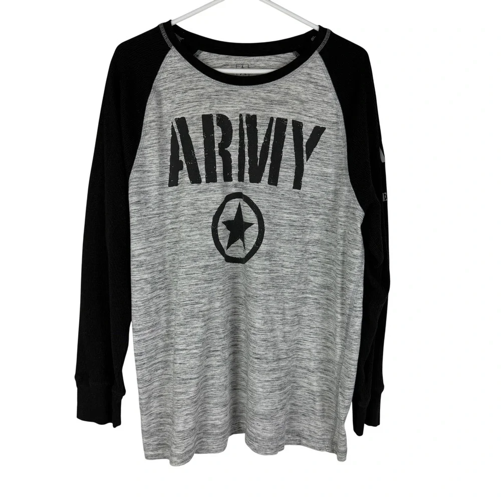 U.S. Army Men's Large Raglan Thermal Shirt Grey Black Waffle‎ Sleeve Graphic